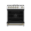 Forno 4-Piece Appliance Package - 30-Inch Espresso Gas Range , Wall Mount Range Hood, 36-Inch French Door Refrigerator, and Dishwasher in White with Antique Brass Handle