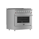 Forno 5-Piece Appliance Package - 36-Inch Gas Range- Wall Mount Range Hood- 36-Inch Refrigerator- Dishwasher- and 24-Inch Microwave Drawer in Stainless Steel