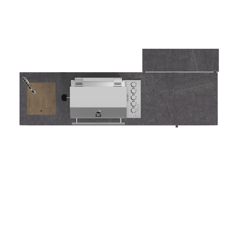 Forno Rimini Outdoor Kitchen 30-Inch BBQ 62,600 BTU, 3 Burners with Sear & Rotisserie, 2.4 cu.ft. Beverage Center, Stainless Steel Sink, Black Cabinets & Gray Sintered Stone Countertop (FODKT2544BLK)