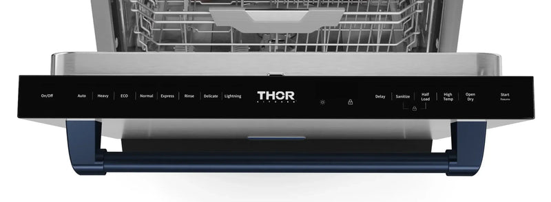 Gordon Ramsay by Thor Kitchen 3-Piece Appliance Package - 30-Inch Gas Range with Liquid Propane Kit, Tilt Panel, 36-Inch Refrigerator, and Dishwasher in Stainless Steel with Blue Trim