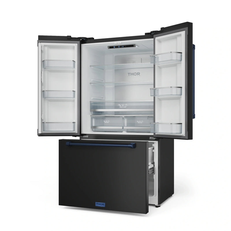 Gordon Ramsay by Thor Kitchen 3-Piece Appliance Package - 36-Inch Electric Range with Tilt Panel Touch Control, 36-Inch Refrigerator, and Dishwasher in Black with Blue Trim