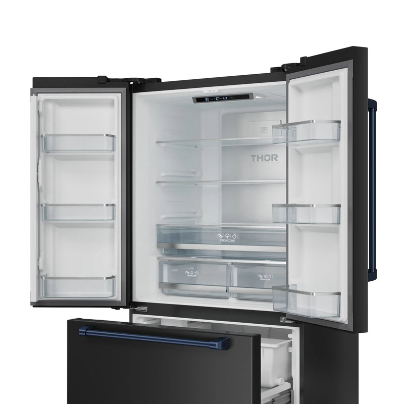 Gordon Ramsay by Thor Kitchen 3-Piece Appliance Package - 30-Inch Gas Range with Liquid Propane Kit, Tilt Panel, 36-Inch Refrigerator, and Dishwasher in Black with Blue Trim