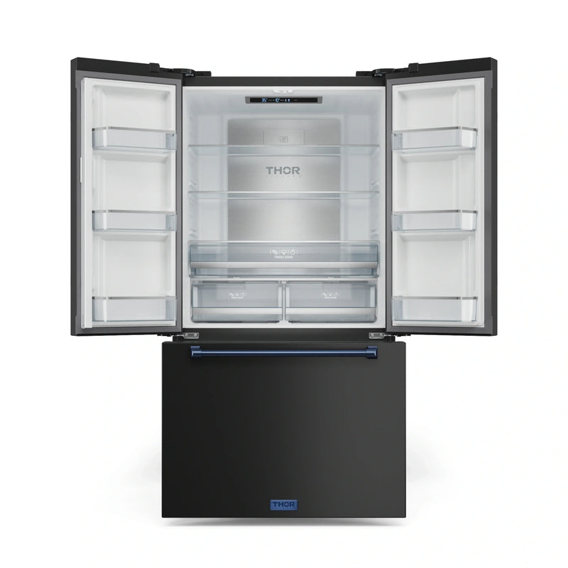 Gordon Ramsay by Thor Kitchen 3-Piece Appliance Package - 30-Inch Gas Range with Liquid Propane Kit, Tilt Panel, 36-Inch Refrigerator, and Dishwasher in Black with Blue Trim