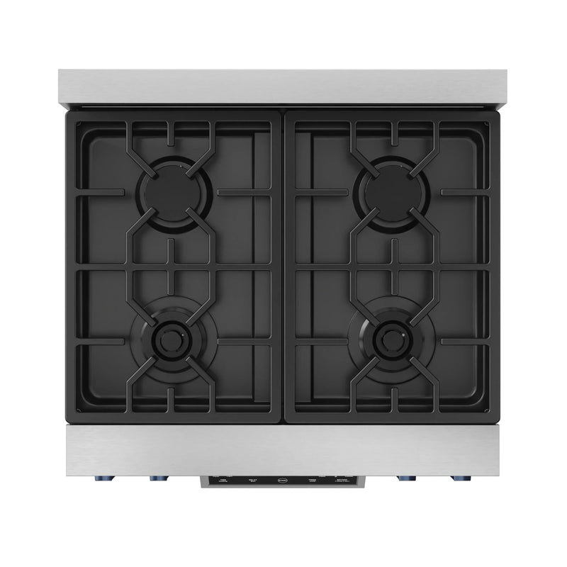 Gordon Ramsay by Thor Kitchen 3-Piece Appliance Package - 30-Inch Gas Range with Liquid Propane Kit, Tilt Panel, 36-Inch Refrigerator, and Dishwasher in Stainless Steel with Blue Trim