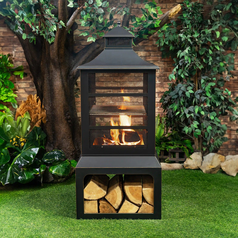 Deko Living 26-Inch Square Outdoor Steel Woodburning Fireplace with Cooking Grill & Log Storage Compartment (COB10507)