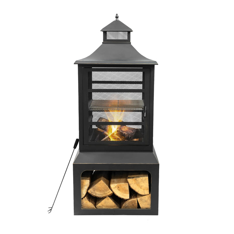 Deko Living 26-Inch Square Outdoor Steel Woodburning Fireplace with Cooking Grill & Log Storage Compartment (COB10507)