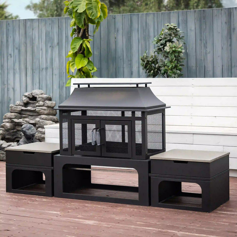 Deko Living 70-Inch Rectangular Outdoor Steel Woodburning Fireplace with Log Storage Compartment & Side Tables (COB10513)