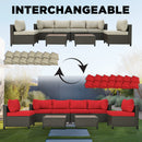 Deko Living 8 Piece Brown Outdoor Sectional Wicker Sofa Chairs and Tables  with Interchangable Beige and Red Cushion Covers (COP30011)