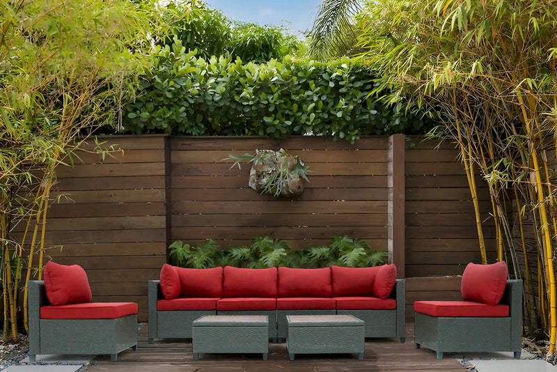Deko Living 8 Piece Brown Outdoor Sectional Wicker Sofa Chairs and Tables  with Interchangable Beige and Red Cushion Covers (COP30011)