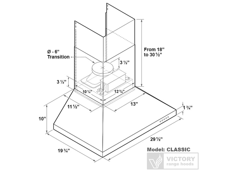 Victory Classic 30-Inch 600 CFM Wall Mount Range Hood in Stainless Steel (CLASSIC-30)