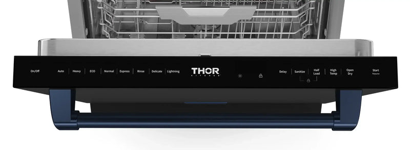 Gordon Ramsay by Thor Kitchen 3-Piece Appliance Package - 36-Inch Gas Range with Liquid Propane Kit, Tilt Panel, 36-Inch Refrigerator, and Dishwasher in Black with Blue Trim