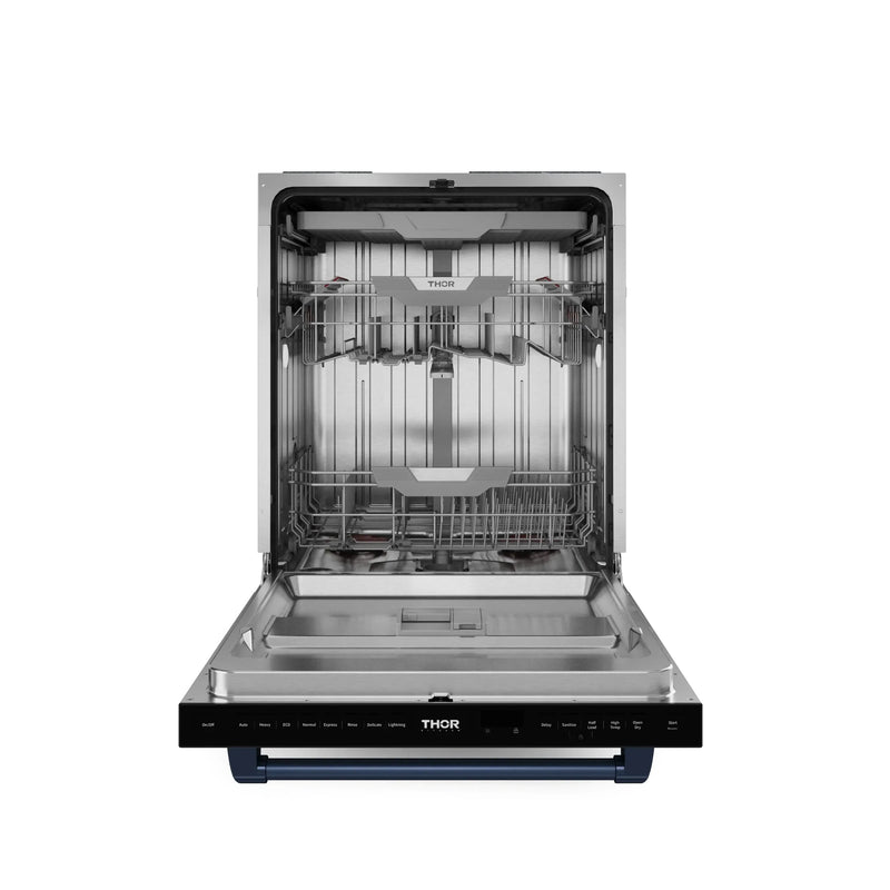 Gordon Ramsay by Thor Kitchen 3-Piece Appliance Package - 48-Inch Gas Range with Double Oven, 36-Inch Refrigerator, and Dishwasher in Black with Blue Trim
