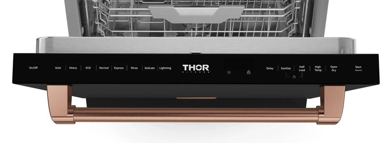 Gordon Ramsay by Thor Kitchen 3-Piece Appliance Package - 48-Inch Gas Range with Liquid Propane Kit with Double Oven, 36-Inch Refrigerator, and Dishwasher in Black with Rose Gold Trim