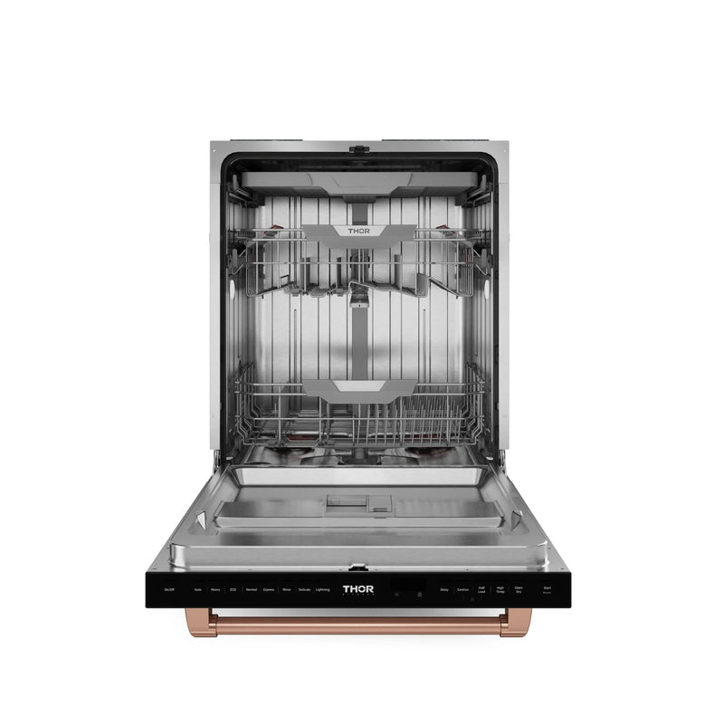 Thor Kitchen Gordon Ramsay 3-Piece Appliance Package - 48-Inch Gas Range with Double Oven, 36-Inch Refrigerator, and Dishwasher in Black with Rose Gold Trim