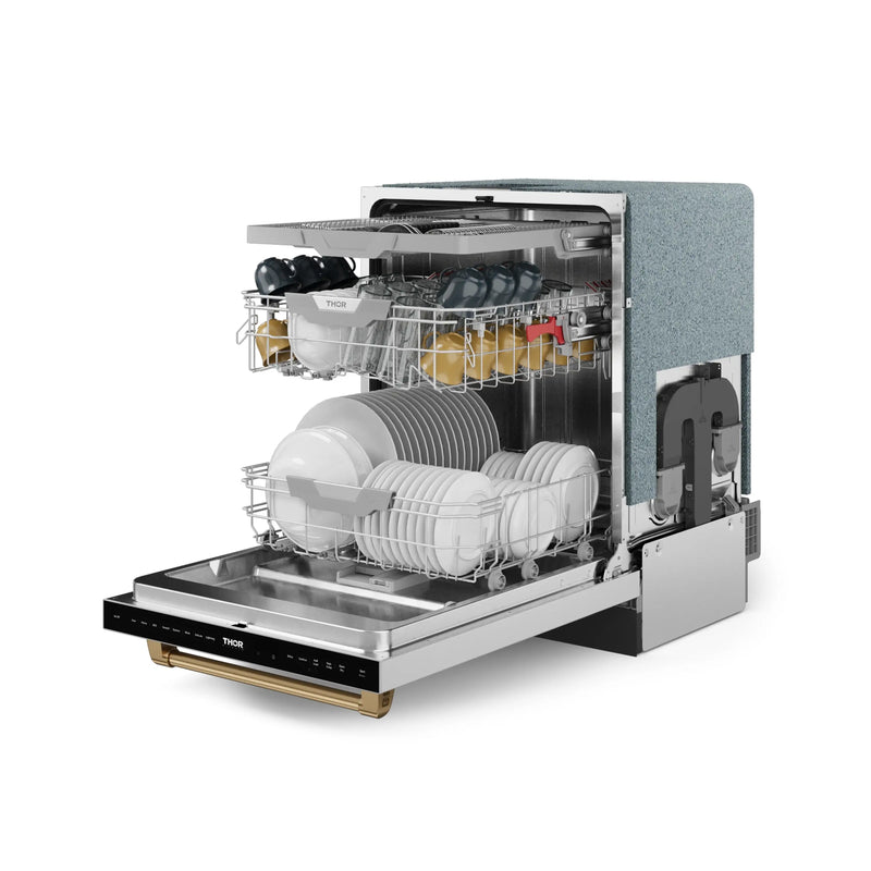 Gordon Ramsay by Thor Kitchen 3-Piece Appliance Package - 30-Inch Gas Range with Liquid Propane Kit, Tilt Panel, 36-Inch Refrigerator, and Dishwasher in Stainless Steel with Bronze Trim