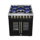 Forno Capriasca 30-Inch Freestanding French Door Dual Fuel Range in Black with Antique Brass Handle (FFSGS6387-30BLK)