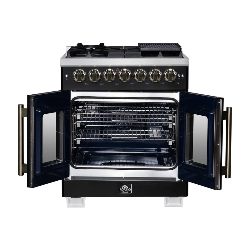 Forno Capriasca 30-Inch Freestanding French Door Dual Fuel Range in Black with Antique Brass Handle (FFSGS6387-30BLK)