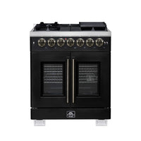 Forno Capriasca 30-Inch Freestanding French Door Dual Fuel Range in Black with Antique Brass Handle (FFSGS6387-30BLK)