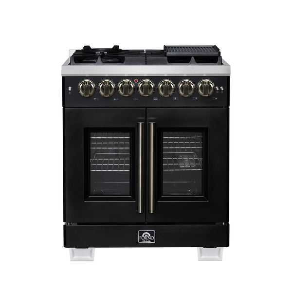Forno Capriasca 30-Inch Freestanding French Door Dual Fuel Range in Black with Antique Brass Handle (FFSGS6387-30BLK)