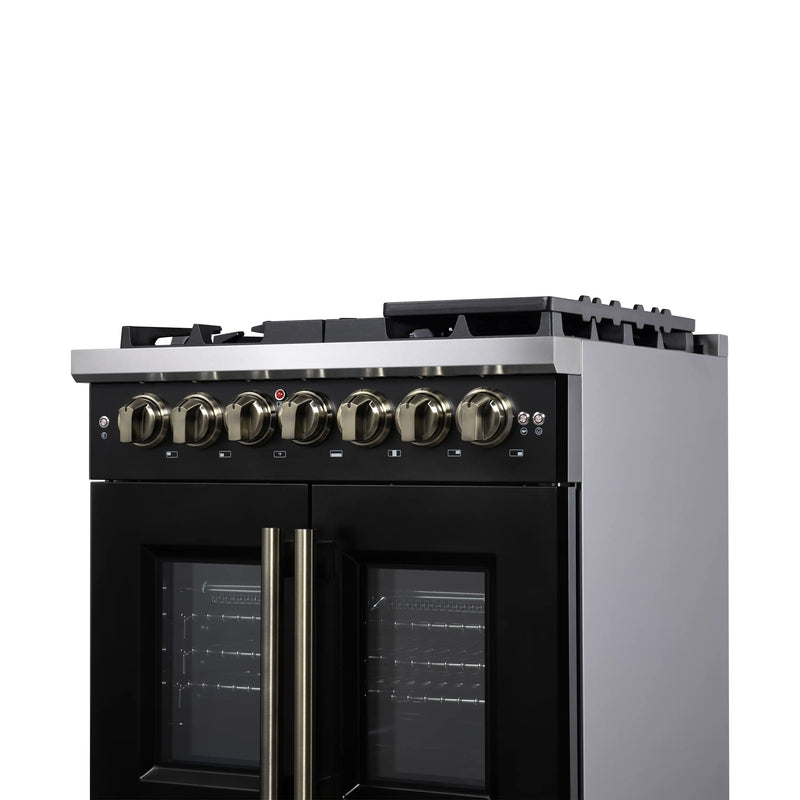 Forno Capriasca 30-Inch Freestanding French Door Dual Fuel Range in Black with Antique Brass Handle (FFSGS6387-30BLK)