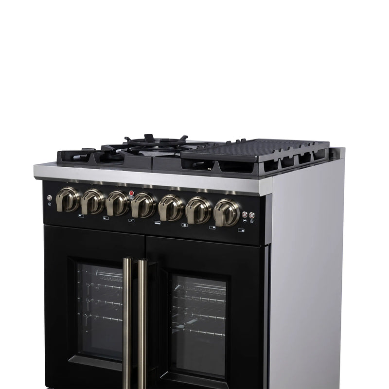 Forno Capriasca 30-Inch Freestanding French Door Dual Fuel Range in Black with Antique Brass Handle (FFSGS6387-30BLK)