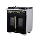 Forno Capriasca 30-Inch Freestanding French Door Dual Fuel Range in Black with Antique Brass Handle (FFSGS6387-30BLK)