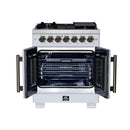 Forno Capriasca 30-Inch Freestanding French Door Dual Fuel Range in White with Antique Brass Handle (FFSGS6387-30WHT)