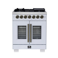 Forno Capriasca 30-Inch Freestanding French Door Dual Fuel Range in White with Antique Brass Handle (FFSGS6387-30WHT)