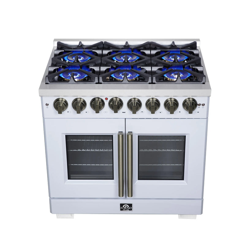 Forno Capriasca 36-Inch Freestanding French Door Dual Fuel Range in White with Antique Brass Handle (FFSGS6387-36WHT)