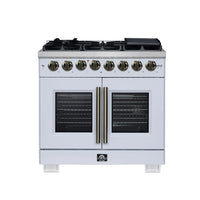 Forno Capriasca 36-Inch Freestanding French Door Dual Fuel Range in White with Antique Brass Handle (FFSGS6387-36WHT)