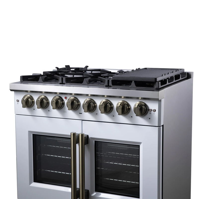 Forno Capriasca 36-Inch Freestanding French Door Dual Fuel Range in White with Antique Brass Handle (FFSGS6387-36WHT)