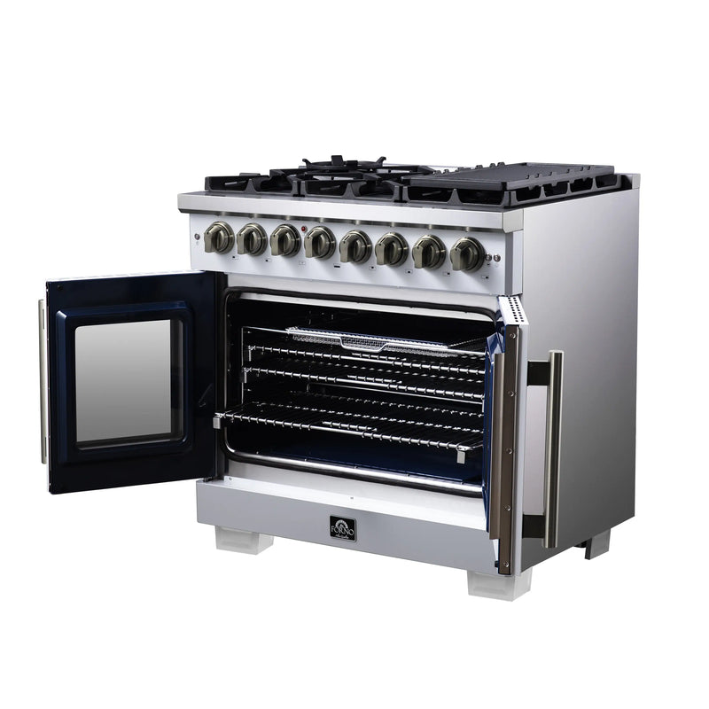 Forno Capriasca 36-Inch Freestanding French Door Dual Fuel Range in White with Antique Brass Handle (FFSGS6387-36WHT)