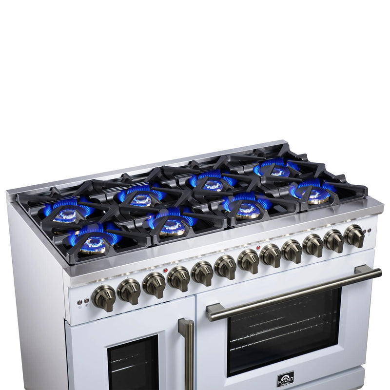 Forno Capriasca 48-Inch Freestanding French Door Dual Fuel Range in White with Antique Brass Handle (FFSGS6387-48WHT)