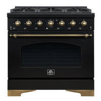 Forno Antico 36-inch Dual Fuel Range with 6 Gas Burner Cooktop and 4.5 Cu.Ft. Electric Convection Oven in Black with Antique Brass Trim (FFSGS6113-36BLK)