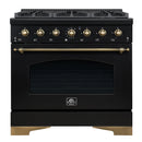 Forno Antico 5-Piece Appliance Package - 36-Inch Dual Fuel Range, 36-Inch Hood, 36-Inch Refrigerator, 24-Inch Dishwasher, & 24-Inch Microwave Drawer in Black with Antique Brass Trim