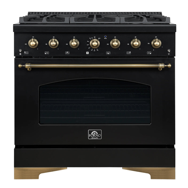 Forno Antico 5-Piece Appliance Package - 36-Inch Dual Fuel Range, 36-Inch Hood, 36-Inch Refrigerator, 24-Inch Dishwasher, & 24-Inch Microwave Drawer in Black with Antique Brass Trim