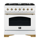 Forno Antico 5-Piece Appliance Package - 36-Inch Dual Fuel Range, 36-Inch Hood, 36-Inch Refrigerator, 24-Inch Dishwasher, & 30-Inch Microwave Oven in White with Antique Brass Trim