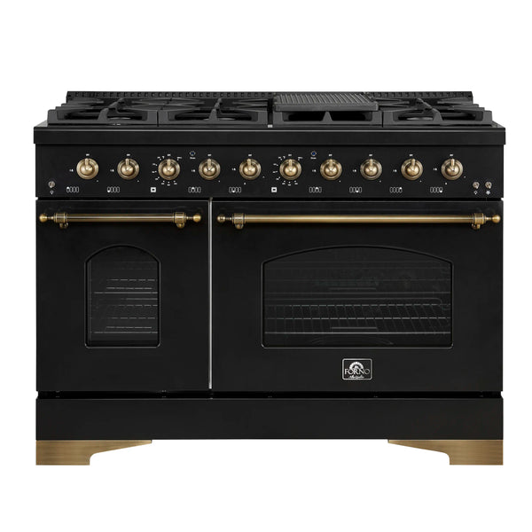 Forno Antico 48-Inch Dual Range with 8 Gas Burner Cooktop and 5.5 Cu.Ft. Electric Convection Oven in Black with Antique Brass Trim (FFSGS6113-48BLK)