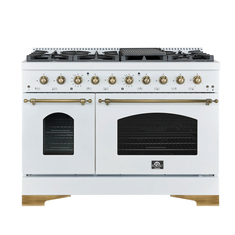 Forno 4-Piece Appliance Package - 48-Inch Antico Dual Fuel Range, 60-Inch Refrigerator, Dishwasher, & 30-Inch Microwave Drawer in White with Antique Brass Handle