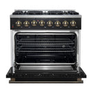 Forno Galiano 5-Piece Appliance Package - 36-Inch Dual Fuel Range, 36-Inch Hood, 36-Inch Refrigerator, 24-Inch Dishwasher, & 30-Inch Microwave Oven in Black with Antique Brass Trim