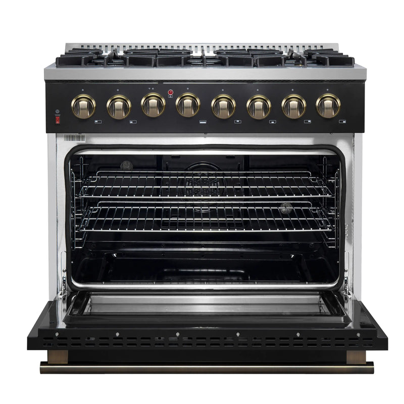 Forno Galiano 5-Piece Appliance Package - 36-Inch Dual Fuel Range, 36-Inch Hood, 36-Inch Refrigerator, 24-Inch Dishwasher, & 30-Inch Microwave Drawer in Black with Antique Brass Trim