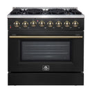 Forno 4-Piece Appliance Package - 36-Inch Dual Fuel Range, Wall Mount Range Hood, 60-Inch Convertible Refrigerator with Modern Trim, and Dishwasher in Black with Antique Brass Handle