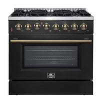 Forno Galiano 36-Inch Dual Fuel Range with 6 Gas Burners and 5.36 Cu.Ft. Electric Convection Oven in Black with Antique Brass Trim (FFSGS6156-36BLK)