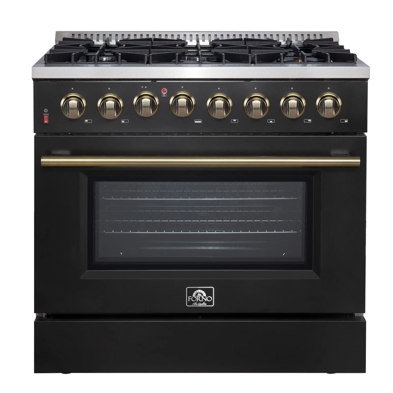 Forno Galiano 5-Piece Appliance Package - 36-Inch Dual Fuel Range, 36-Inch Hood, 36-Inch Refrigerator, 24-Inch Dishwasher, & 30-Inch Microwave Drawer in Black with Antique Brass Trim