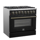 Forno 5-Piece Appliance Package - 36-Inch Dual Fuel Range, Wall Mount Range Hood, 60-Inch Refrigerator, Dishwasher, and 24-Inch Microwave Drawer in Black with Antique Brass Handle