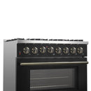 Forno 4-Piece Appliance Package - 36-Inch Dual Fuel Range, 60-Inch Convertible Refrigerator with Modern Trim, Dishwasher, and 30-Inch Microwave Oven in Black with Antique Brass Handle