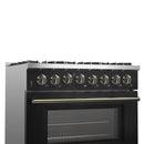 Forno 4-Piece Appliance Package - 36-Inch Dual Fuel Range, Wall Mount Range Hood, 60-Inch Built-In Convertible Refrigerator, and Dishwasher in Black with Antique Brass Handle