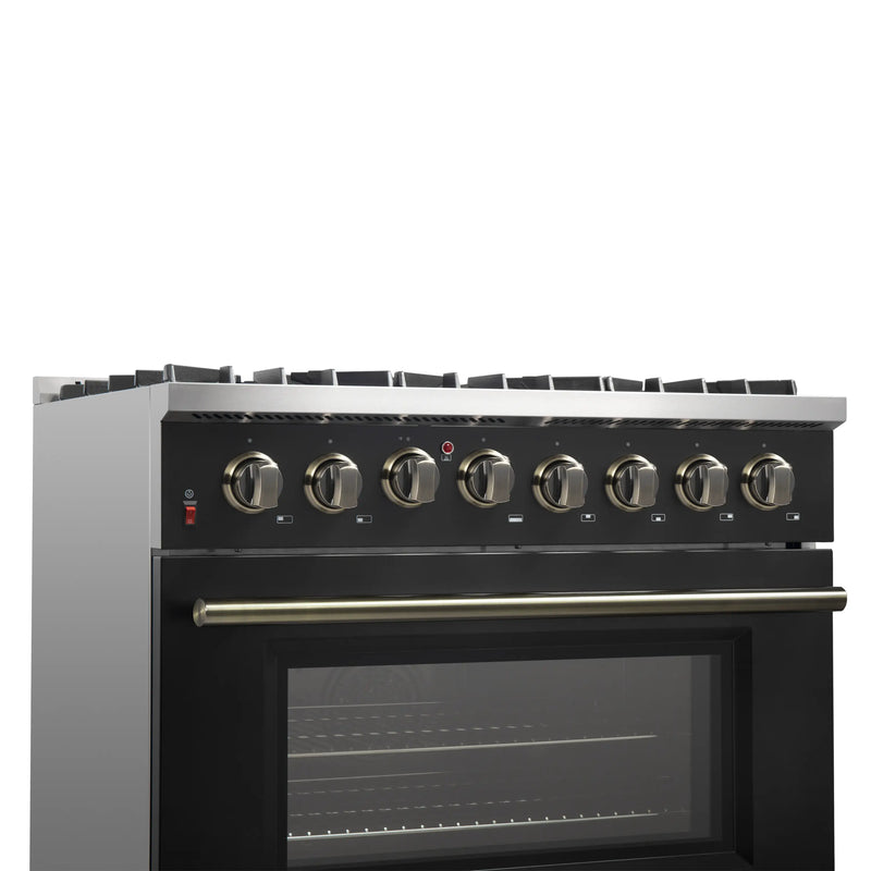 Forno Galiano 5-Piece Appliance Package - 36-Inch Dual Fuel Range, 36-Inch Hood, 36-Inch Refrigerator, 24-Inch Dishwasher, & 30-Inch Microwave Drawer in Black with Antique Brass Trim