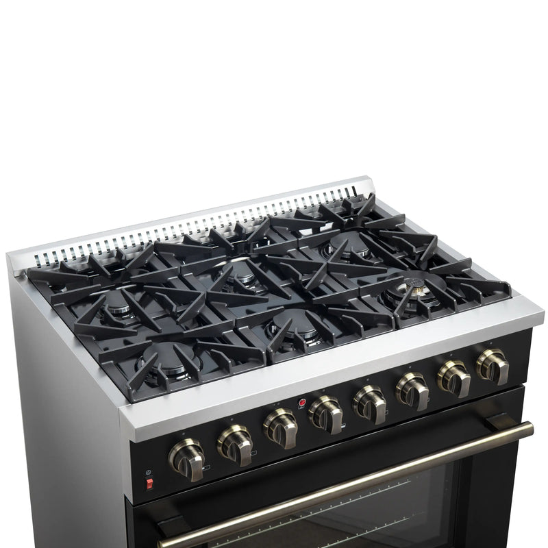 Forno Galiano 36-Inch Dual Fuel Range with 6 Gas Burners and 5.36 Cu.Ft. Electric Convection Oven in Black with Antique Brass Trim (FFSGS6156-36BLK)