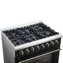 Forno 5-Piece Appliance Package - 36-Inch Dual Fuel Range, Wall Mount Range Hood, 60-Inch Convertible Refrigerator with Modern Trim, Dishwasher, and 30-Inch Microwave Oven in Black with Antique Brass Handle